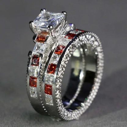 Two Rings Couple Ring His Hers Three-Stone Ring White Gold Plated Ruby CZ Womens