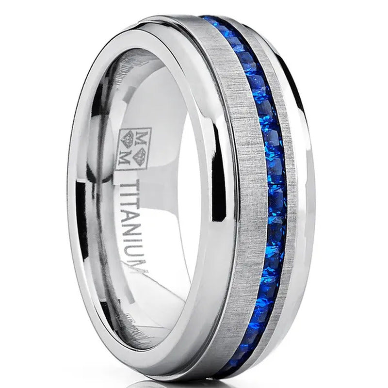 Men'S Eternity Titanium Wedding Band Engagement Ring W/ Blue Simulated Sapphire