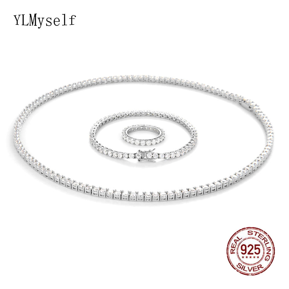 Solid 925 Sterling Silver Tennis Necklace(41-55Cm, 16-22 Inch) Bracelet(15-21Cm)