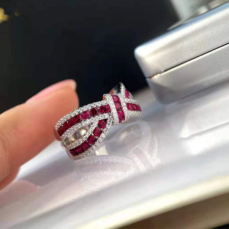 Ruby Three-Dimensional Bow Diamond Ring Atmosphere Light Luxury Fashion Personal