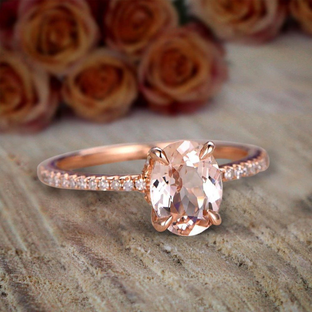 Desinger Classic 1.25 Carat Peach Pink Oval Cut Morganite and Diamond Engagement