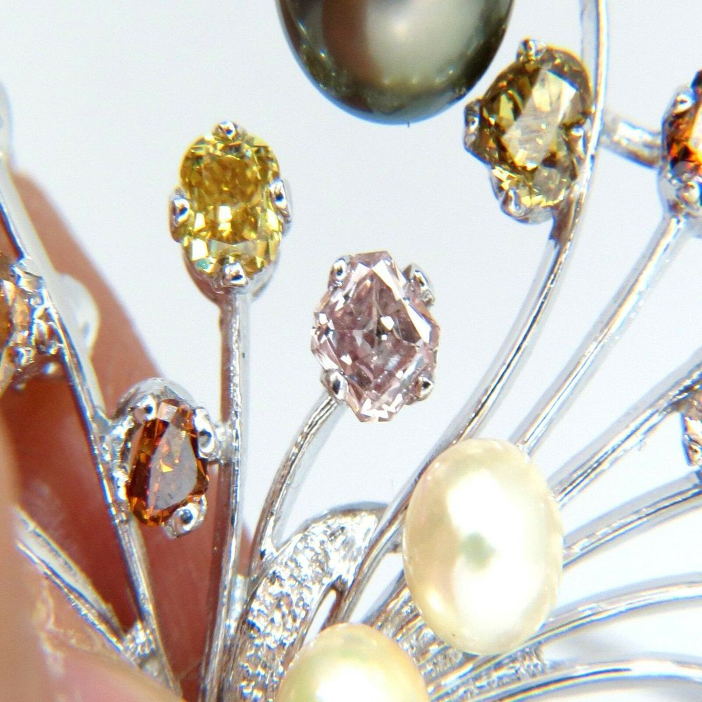6.00Ct NATURAL FANCY COLOR YELLOW ORANGE BROWN PINK DIAMOND BROOCH &PEARL