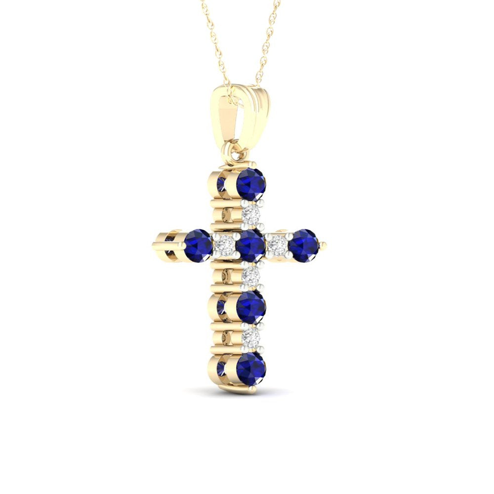 Imperial Gemstone 10K Yellow Gold round Blue Sapphire 1/10 CT TW Diamond Cross N