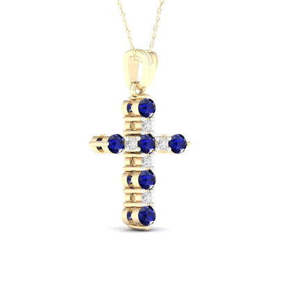 Imperial Gemstone 10K Yellow Gold round Blue Sapphire 1/10 CT TW Diamond Cross N