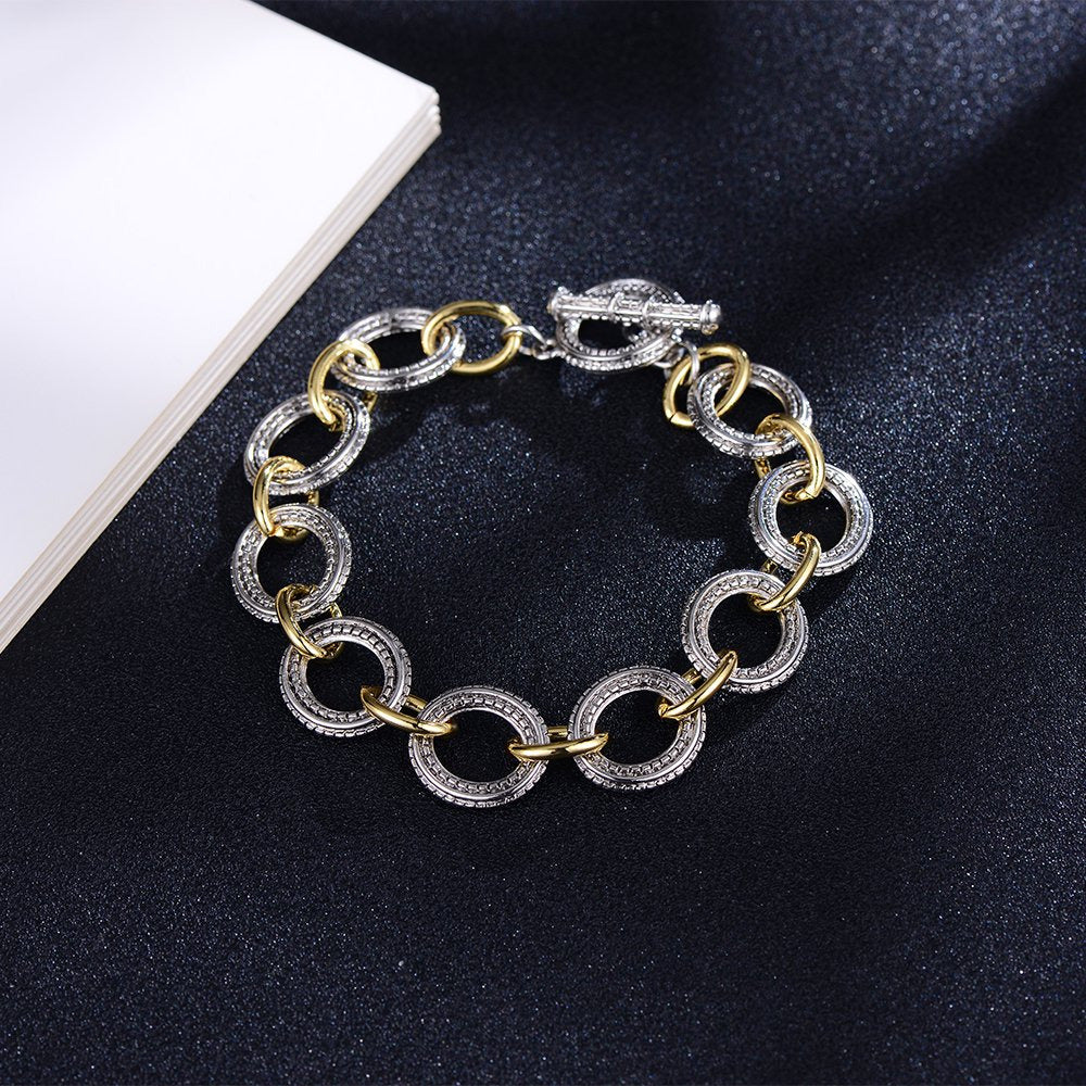 Link Bracelet Two Tone Circles Chain Silver and Gold Wire Cable Bangle Designer