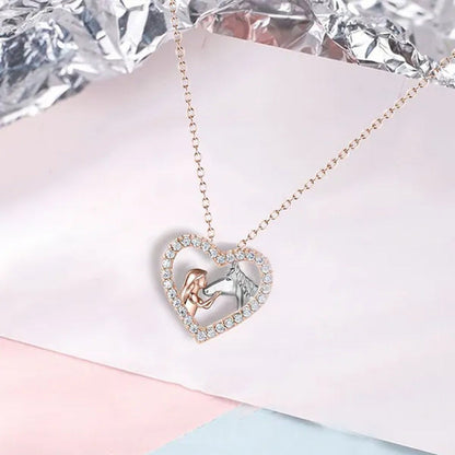 Girl and Horse Necklace for Women Girls Heart Diamond Pendant Necklace Horse Jew