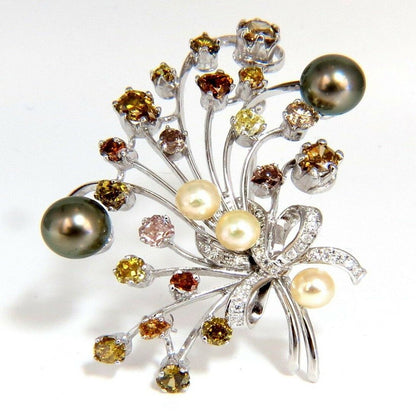 6.00Ct NATURAL FANCY COLOR YELLOW ORANGE BROWN PINK DIAMOND BROOCH &PEARL