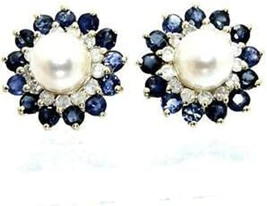 Vintage 14K Yellow Gold Plated 1.36Ct Sapphire Pearl Diamond Floral Stud Earring