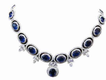 SAPPHIRE OVAL SHAPE ALL GEMSTONE NECKLACE DIAMOND ROUND MARQUISE SET NECKLACE