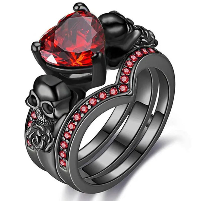 Gothic Skull Finger Black Female Wedding Rings Set for Women Girl Red Heart Crys