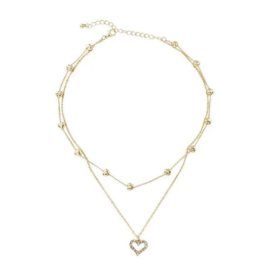 Trendy High-End Gold Double Heart Necklace with Diamonds