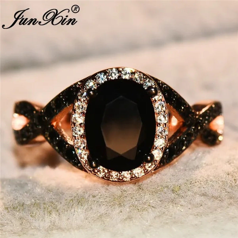 Exquisite Rose Gold Plated Large Oval Stone X Ring Women Filled Black Zircon Cry