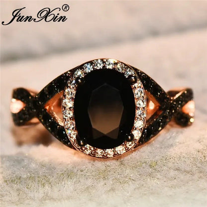 Exquisite Rose Gold Plated Large Oval Stone X Ring Women Filled Black Zircon Cry