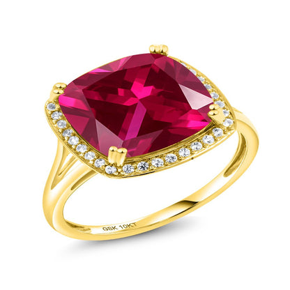 8.27 Ct Cushion Red Created Ruby White Created Sapphire 10K Yellow Gold Ring
