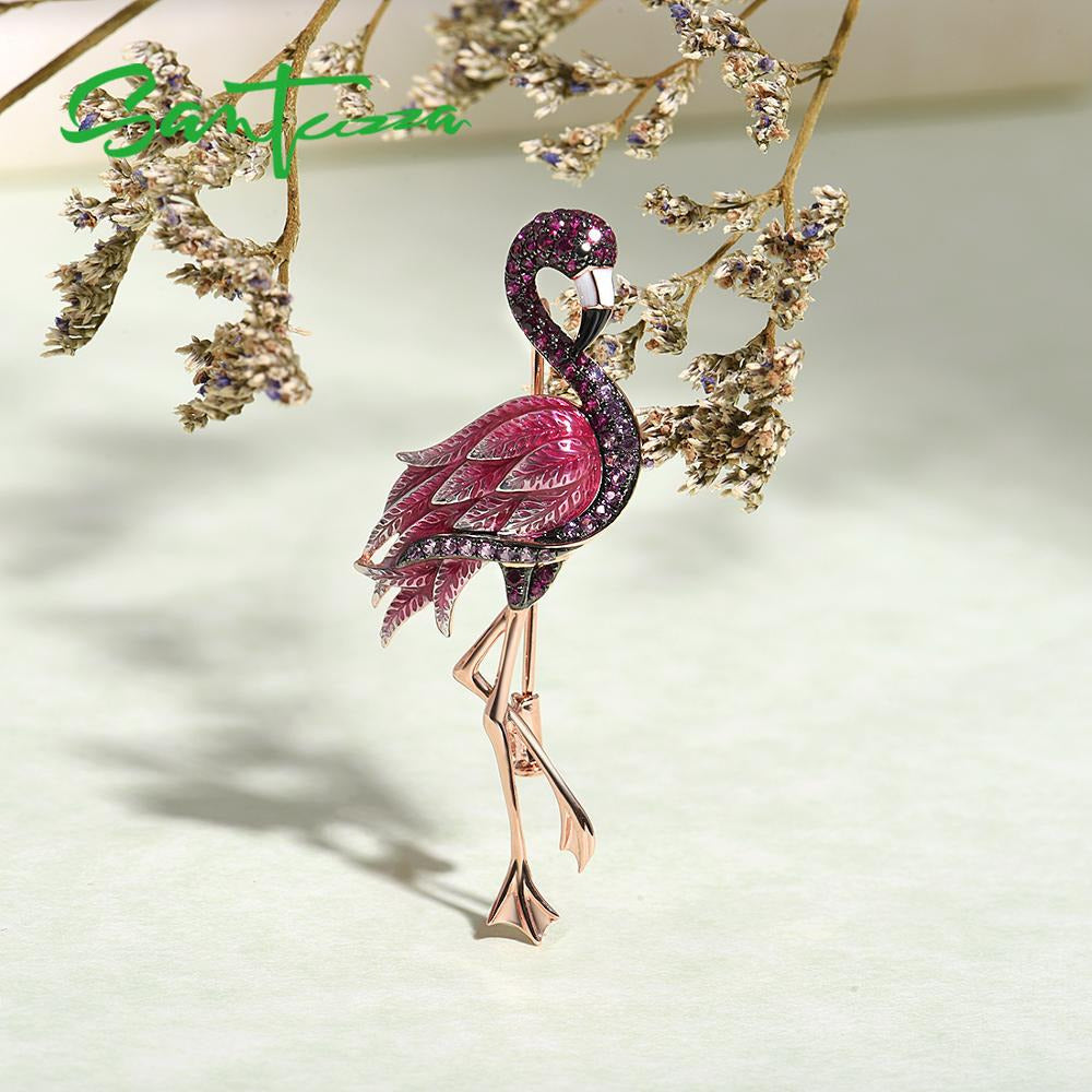 Silver Brooch for Women Pure 925 Sterling Silver Rose Gold Color Flamingo Bird A