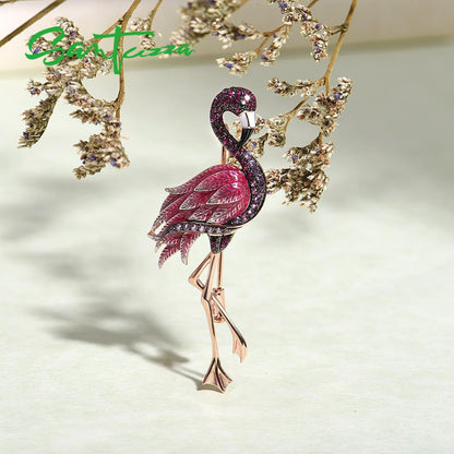 Silver Brooch for Women Pure 925 Sterling Silver Rose Gold Color Flamingo Bird A