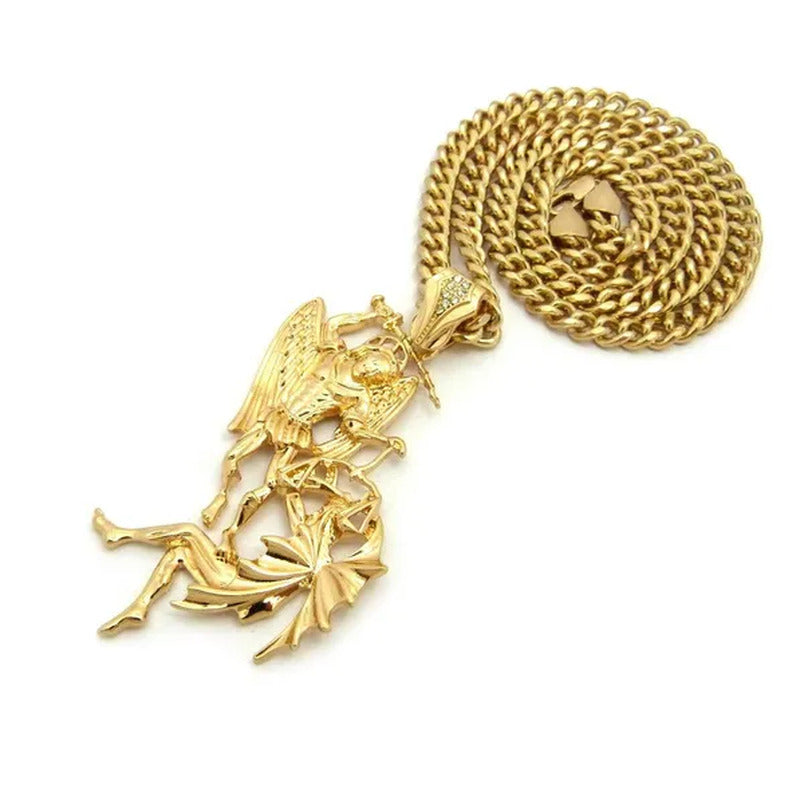 Men'S Hip Hop Saint Michael Archangel Pendant 6Mm 24" Cuban Chain Necklace