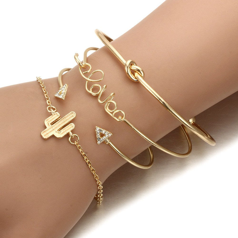 4PC Knot Love Gold Opening Vintage Beautiful Leaf Arrow Bangle Cuff Bracelets Se