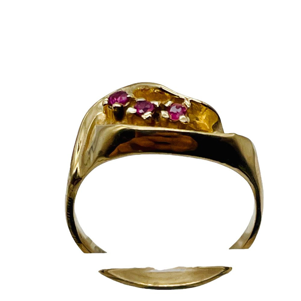 Three Stone Natural Red Ruby in Solid 14K Yellow Gold Ring | Size 6 |