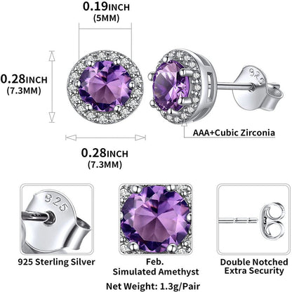 Birthstone Stud Earrings 925 Sterling Silver with Cubic Zirconia Crystal - Febru