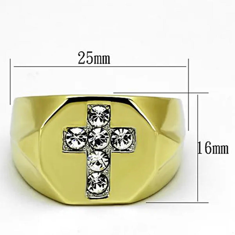 Men'S Stainless Steel 14K Gold Ion Plated Simulated Diamond Cross Ring Size 8-13