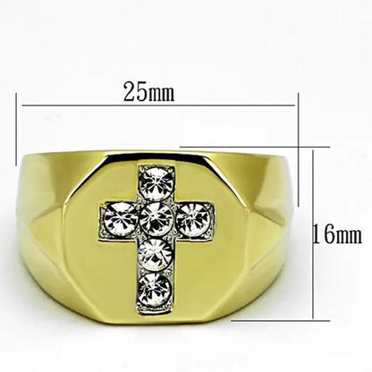 Men'S Stainless Steel 14K Gold Ion Plated Simulated Diamond Cross Ring Size 8-13