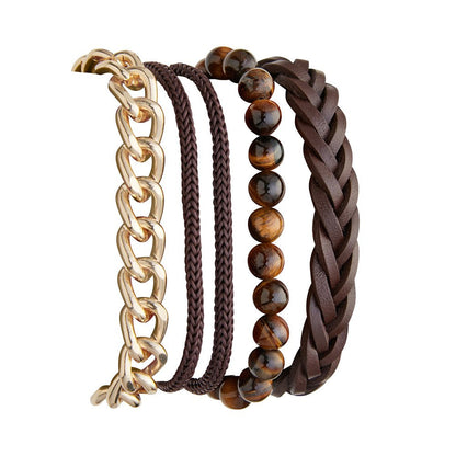 Tiger I Beads, Vegan Leather, Wax Rope Multi-Layered Stackable Bracelet Set for