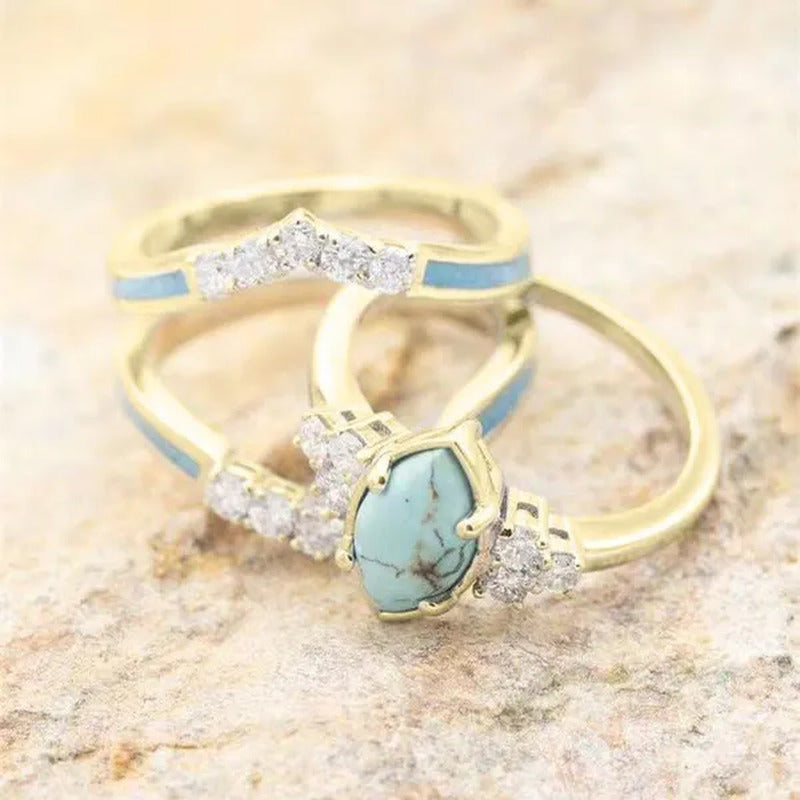 3Pcs/Set Exquisite and Elegant Inlaid Zircon and Turquoise Women'S Ring, Fashion