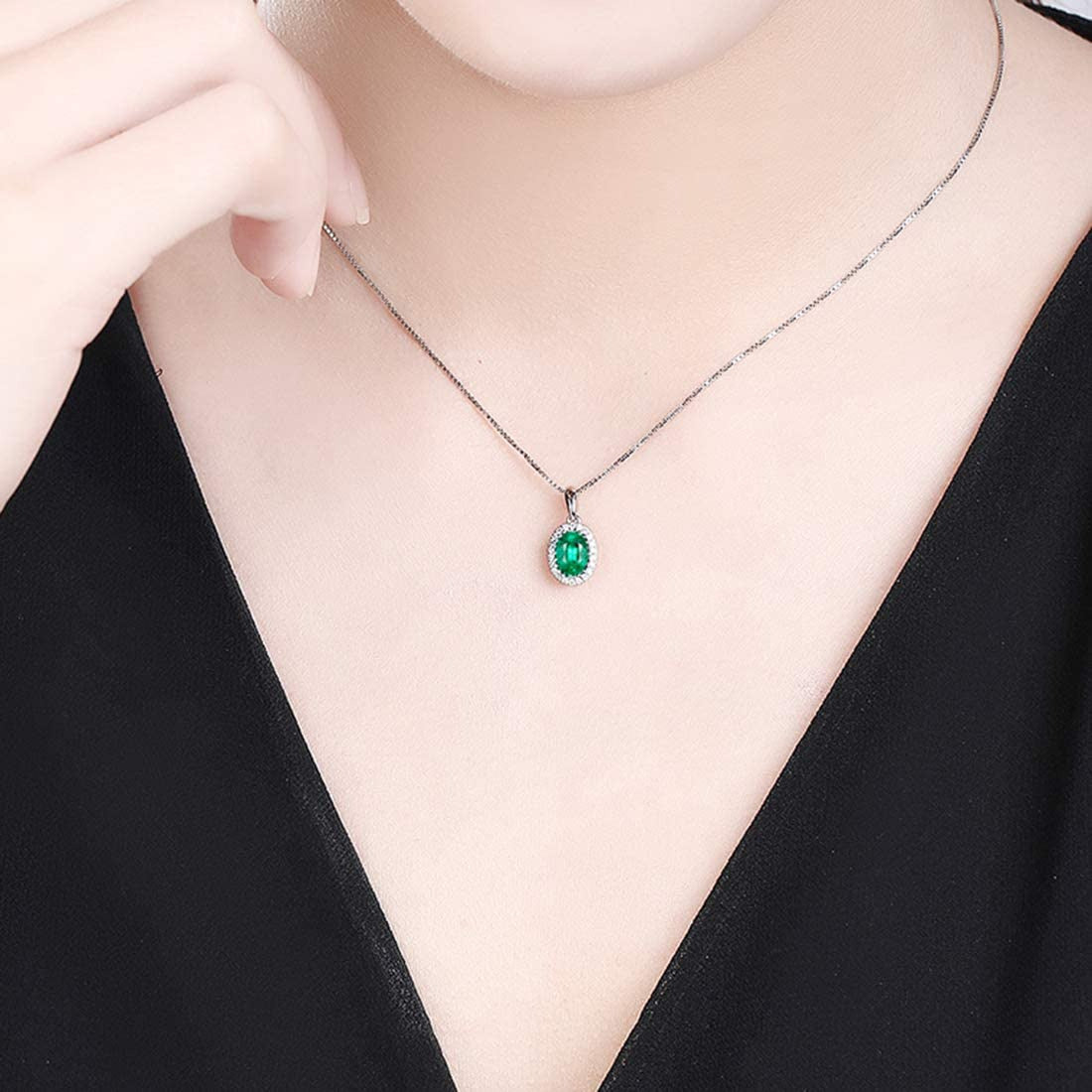 14K Solid White Gold 0.46Ct Natural Green Emerald Necklace, Small Halo May Birth