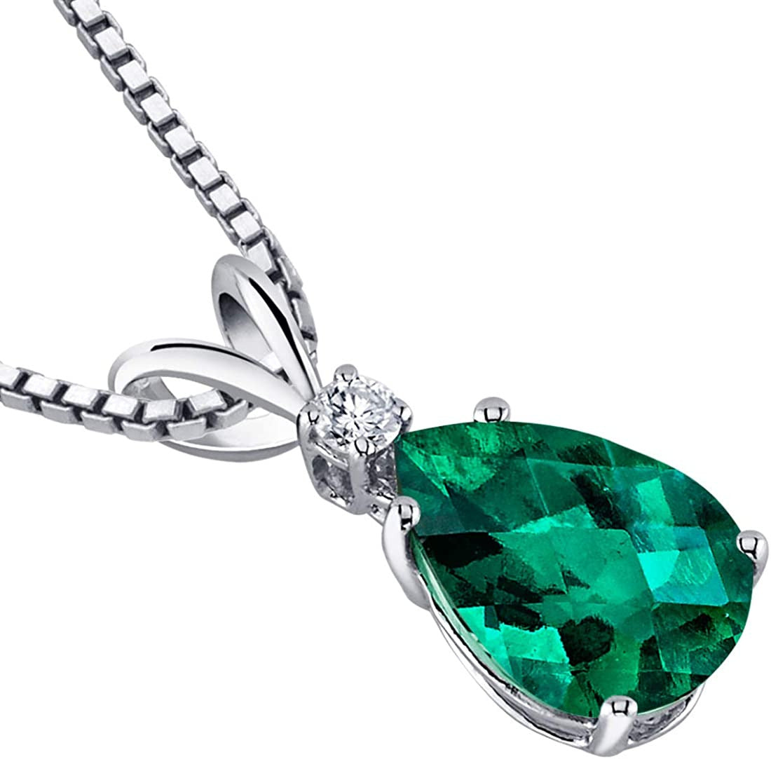Created Emerald with Genuine Diamond Pendant for Women 14K White Gold, Elegant T