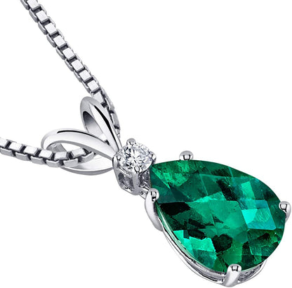 Created Emerald with Genuine Diamond Pendant for Women 14K White Gold, Elegant T