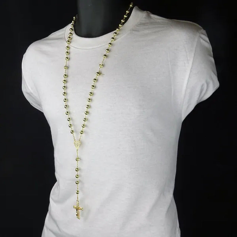 HOT Mens Hip Hop 8Mm GOLD Beads 14Kt Diamond-Shape Rosary & Jesus Cross Necklace