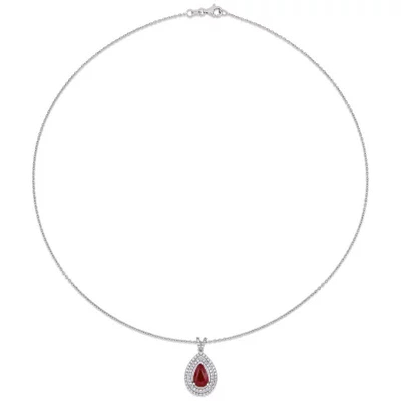 Allura Ruby and 0.22 CT. T.W. Diamond Teardrop Halo Pendant in 18K White Gold