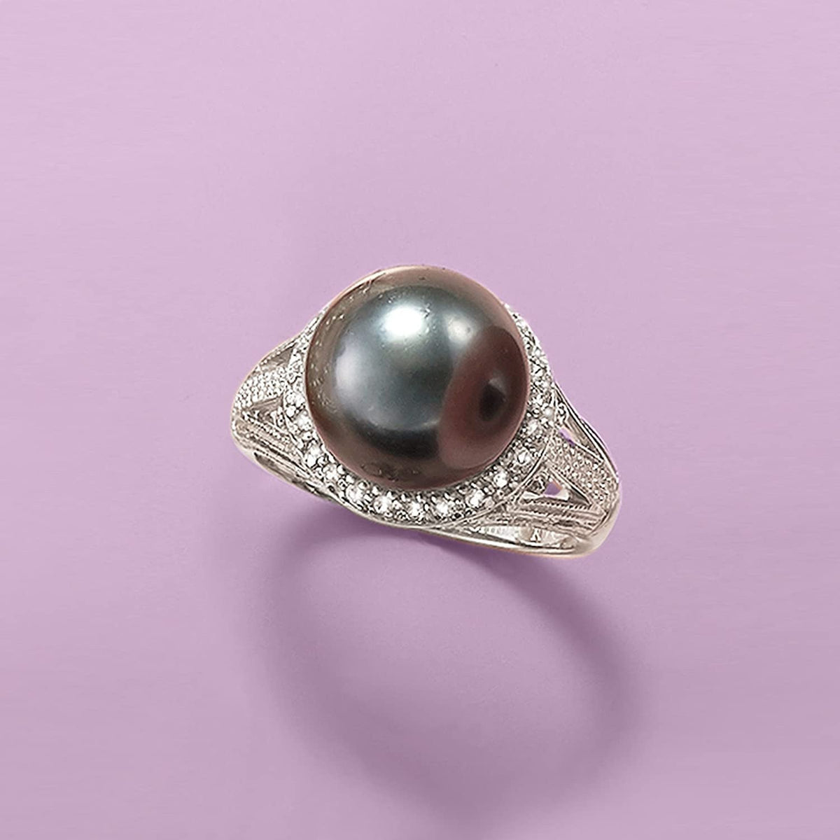 11-12Mm Black Cultured Tahitian Pearl Ring with .20 Ct. T.W. White Topaz in Ster