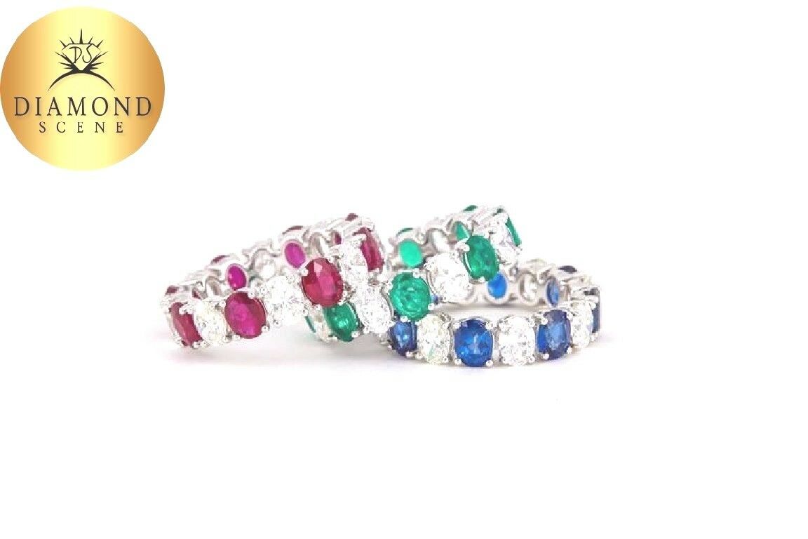 Set of Oval Sapphire Ruby Emerald Diamond Eternity Band Rings