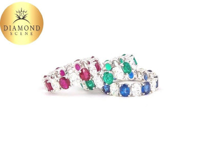 Set of Oval Sapphire Ruby Emerald Diamond Eternity Band Rings