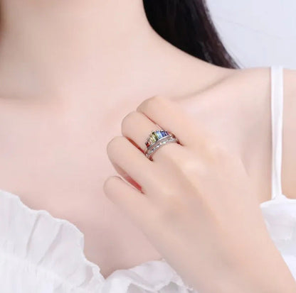 New Micro-Inlaid Zircon Rainbow Crown Ring Female Fashion Opening Adjustable Ind