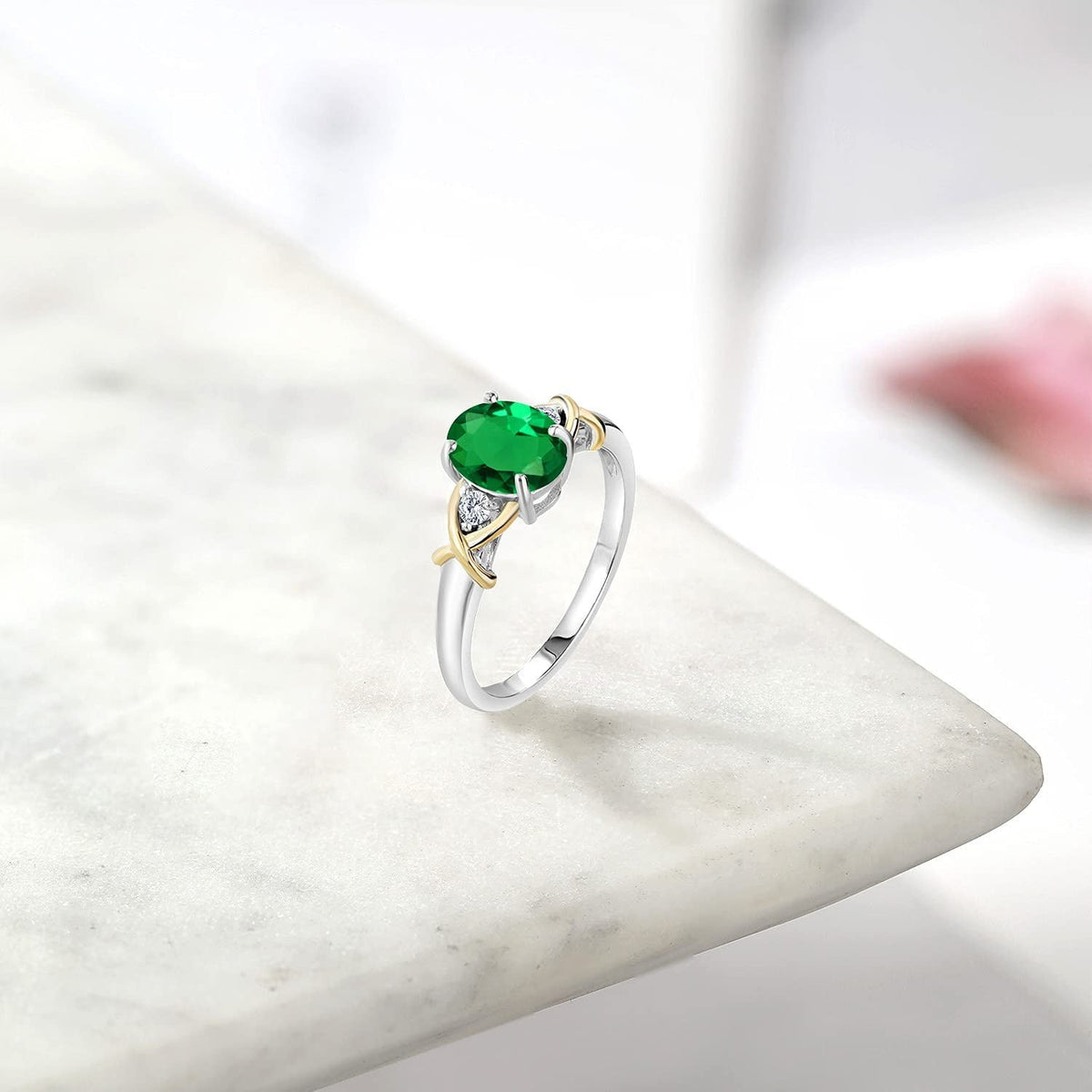 2 Tone 10K Yellow Gold and 925 Sterling Silver Green Nano Emerald and Lab Grown