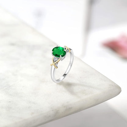 2 Tone 10K Yellow Gold and 925 Sterling Silver Green Nano Emerald and Lab Grown