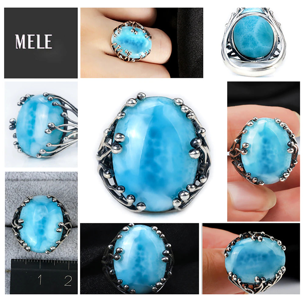 Natural Larimar 925 Silver Rings for Women Blue Larimar Gemstone Man Big Rings F