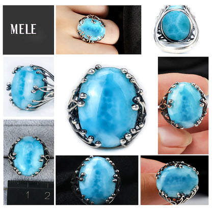 Natural Larimar 925 Silver Rings for Women Blue Larimar Gemstone Man Big Rings F