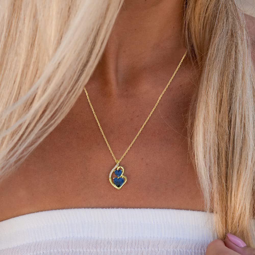 Lab Created Blue Sapphire Necklace Heart in 10K Yellow Gold with Diamond Accent