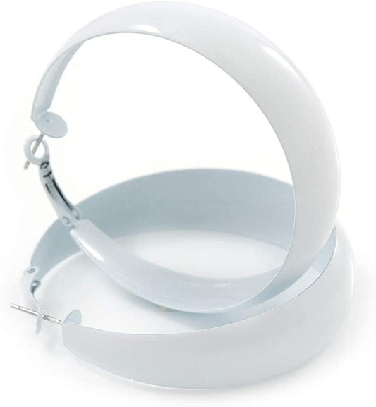 Wide Large White Enamel Hoop Earrings - 55Mm Diameter