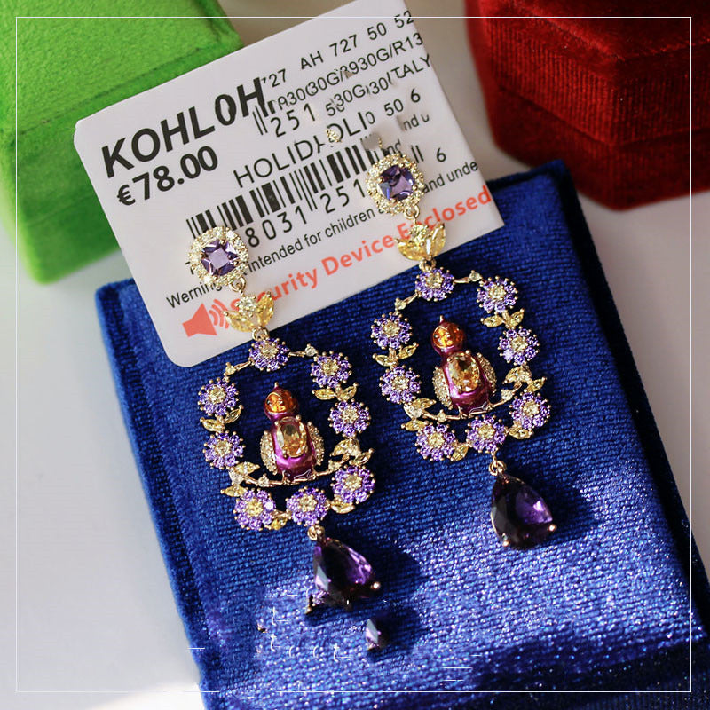Flower Bird Imported Purple Stones with Diamonds Long Earrings