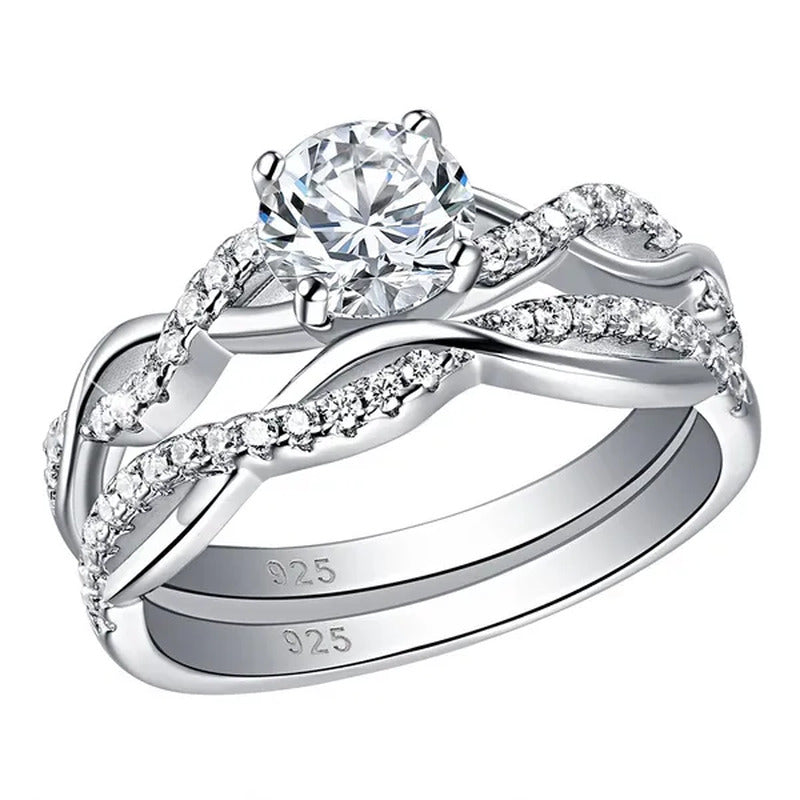 Newshe 2 Pcs 925 Sterling Silver Twist Cross Rings Wedding Engagement Ring Sets