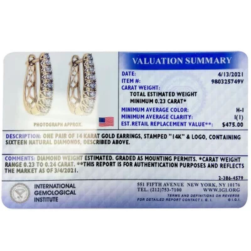0.23 CT. T.W. Diamond Hoop Earrings in 14K Yellow Gold