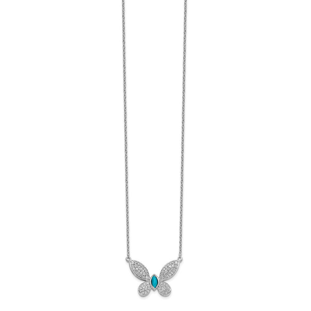 Solid 14K White Gold Diamond and Turquoise Butterfly Pendant Necklace Charm Chai