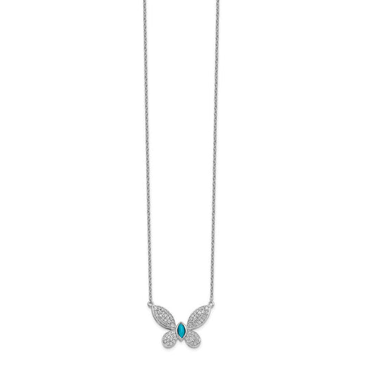 Solid 14K White Gold Diamond and Turquoise Butterfly Pendant Necklace Charm Chai