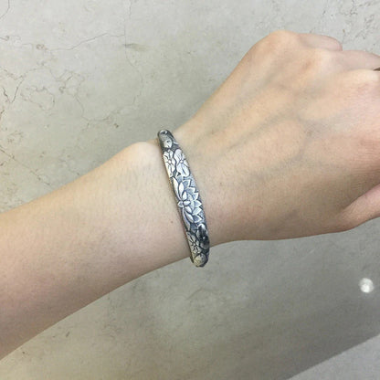 Tibetan Six Words Mantra Vintage Silver Bangles for Women Openable Fish Lotus Bu