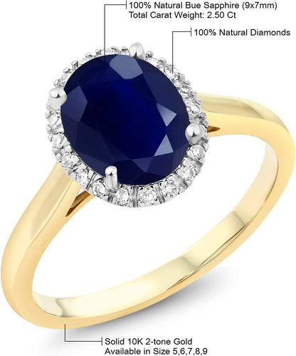 10K 2-Tone Gold Oval Blue Sapphire and Diamond Halo Engagement Ring for Women (2